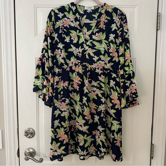 Umgee Navy Floral Boho Bell Sleeve Dress Large - Picture 2 of 11